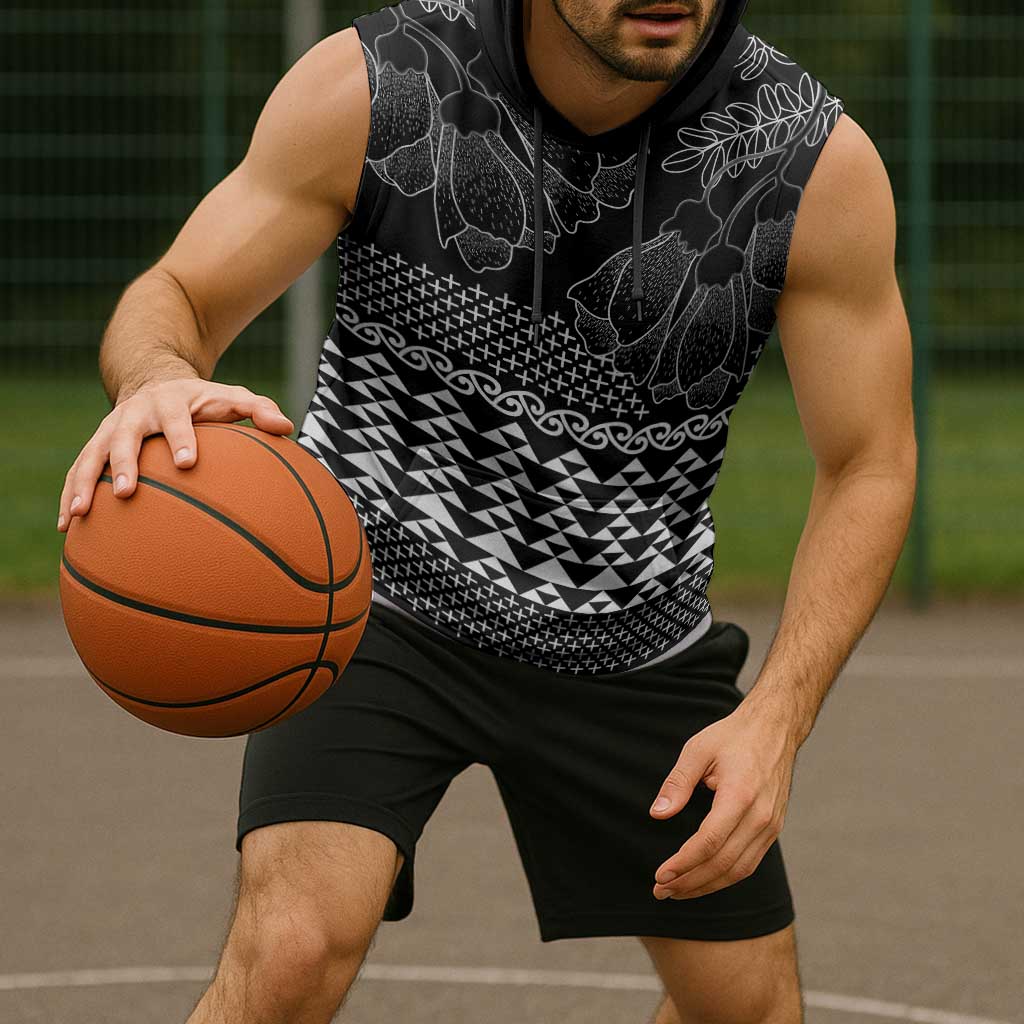 Black Taniko Kowhaiwhai Tukutuku Motif Sleeveless Hoodie - Polynesian Pride
