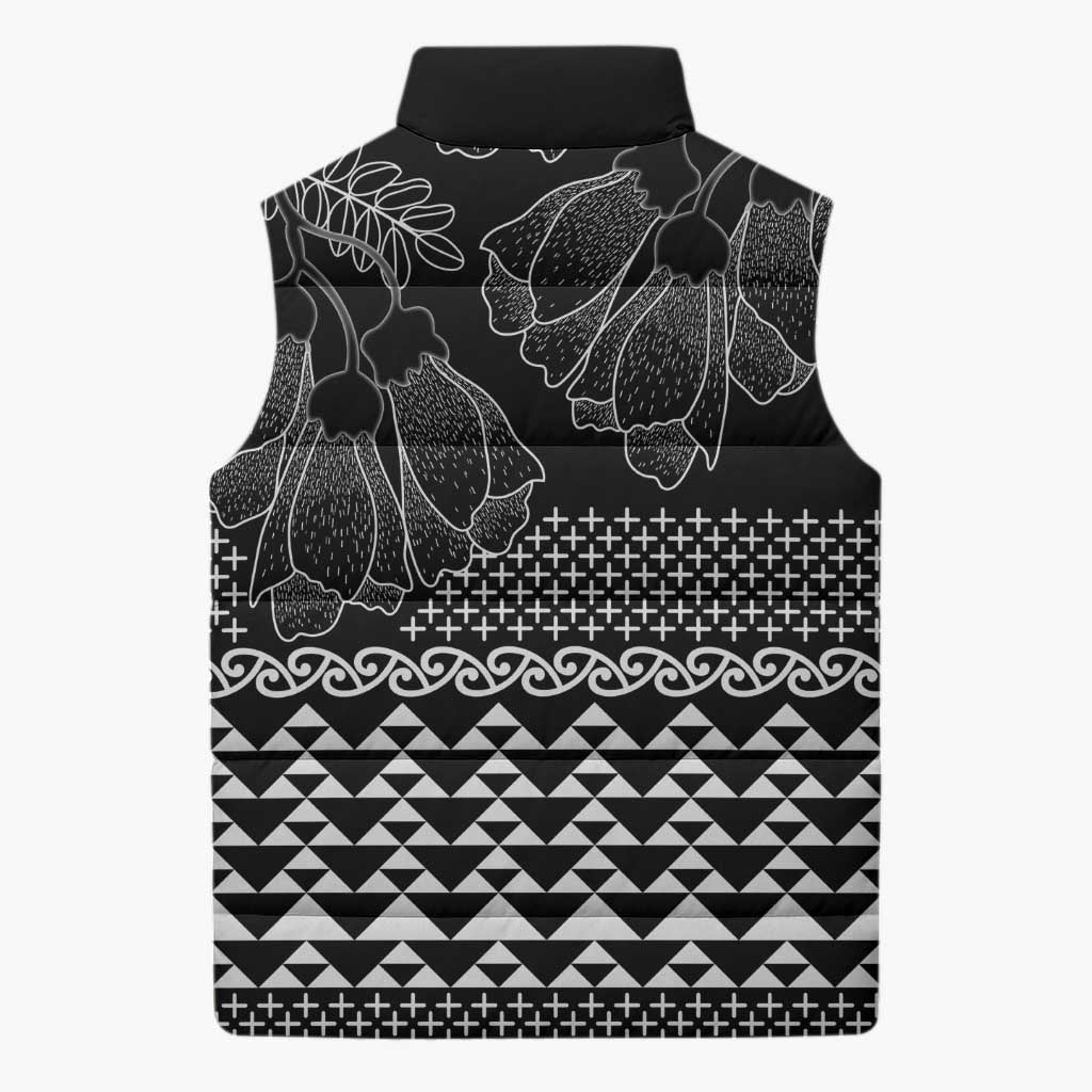 Black Taniko Kowhaiwhai Tukutuku Motif Sleeveless Puffer Jacket - Polynesian Pride