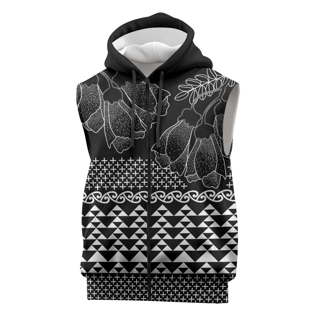 Black Taniko Kowhaiwhai Tukutuku Motif Sleeveless Zip Hoodie - Polynesian Pride