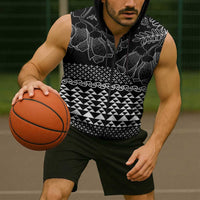Black Taniko Kowhaiwhai Tukutuku Motif Sleeveless Zip Hoodie - Polynesian Pride