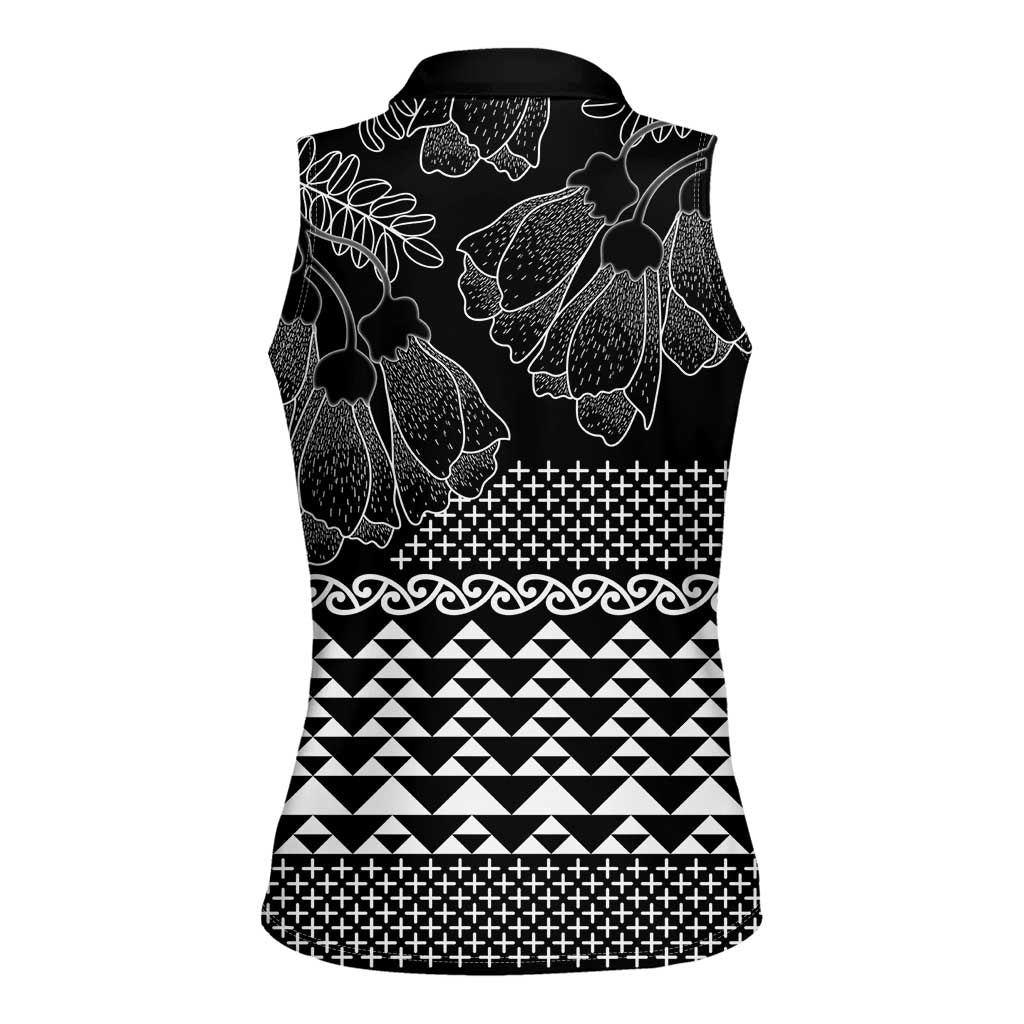 Black Taniko Kowhaiwhai Tukutuku Motif Women Sleeveless Polo Shirt