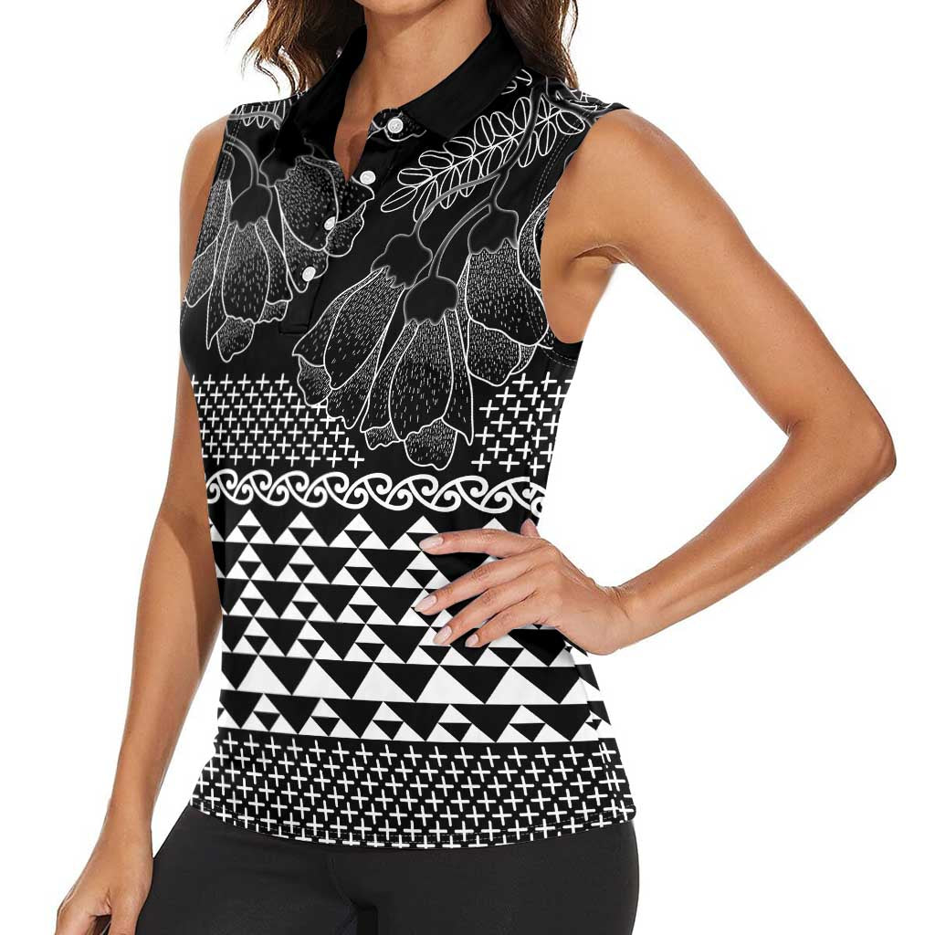 Black Taniko Kowhaiwhai Tukutuku Motif Women Sleeveless Polo Shirt