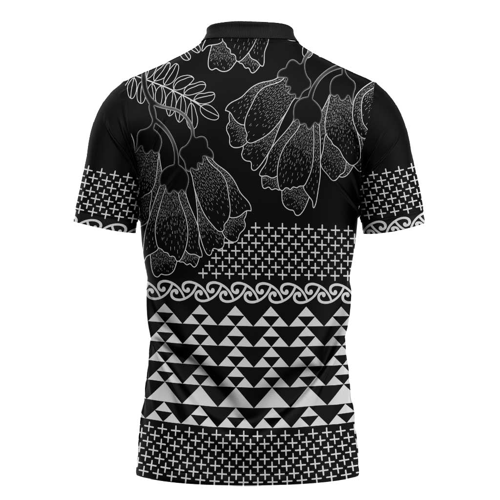 Black Taniko Kowhaiwhai Tukutuku Motif Zipper Polo Shirt - Polynesian Pride