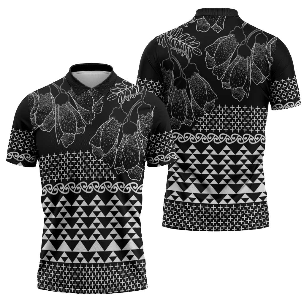 Black Taniko Kowhaiwhai Tukutuku Motif Zipper Polo Shirt - Polynesian Pride