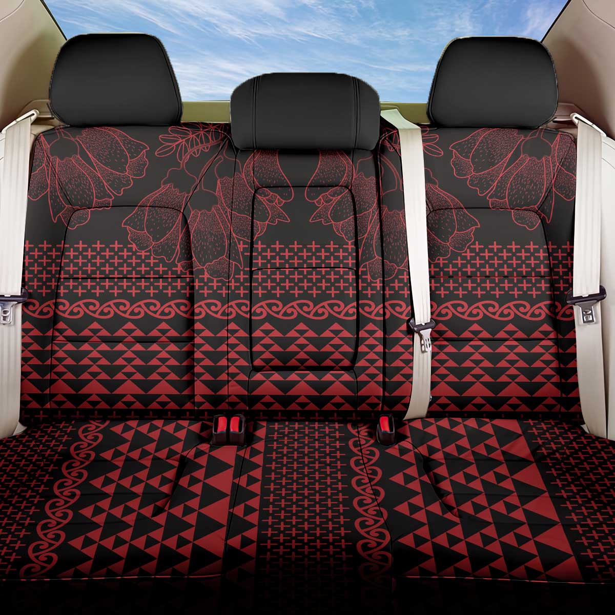 Red Taniko Kowhaiwhai Tukutuku Motif Back Car Seat Cover LT9 One Size Red - Polynesian Pride