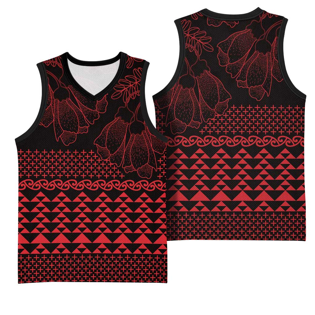 Red Taniko Kowhaiwhai Tukutuku Motif Basketball Jersey - Polynesian Pride
