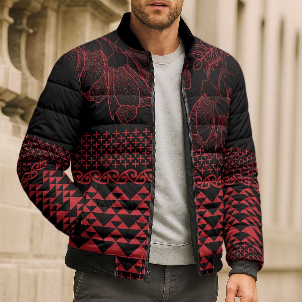 Red Taniko Kowhaiwhai Tukutuku Motif Bomber Puffer Jacket - Polynesian Pride