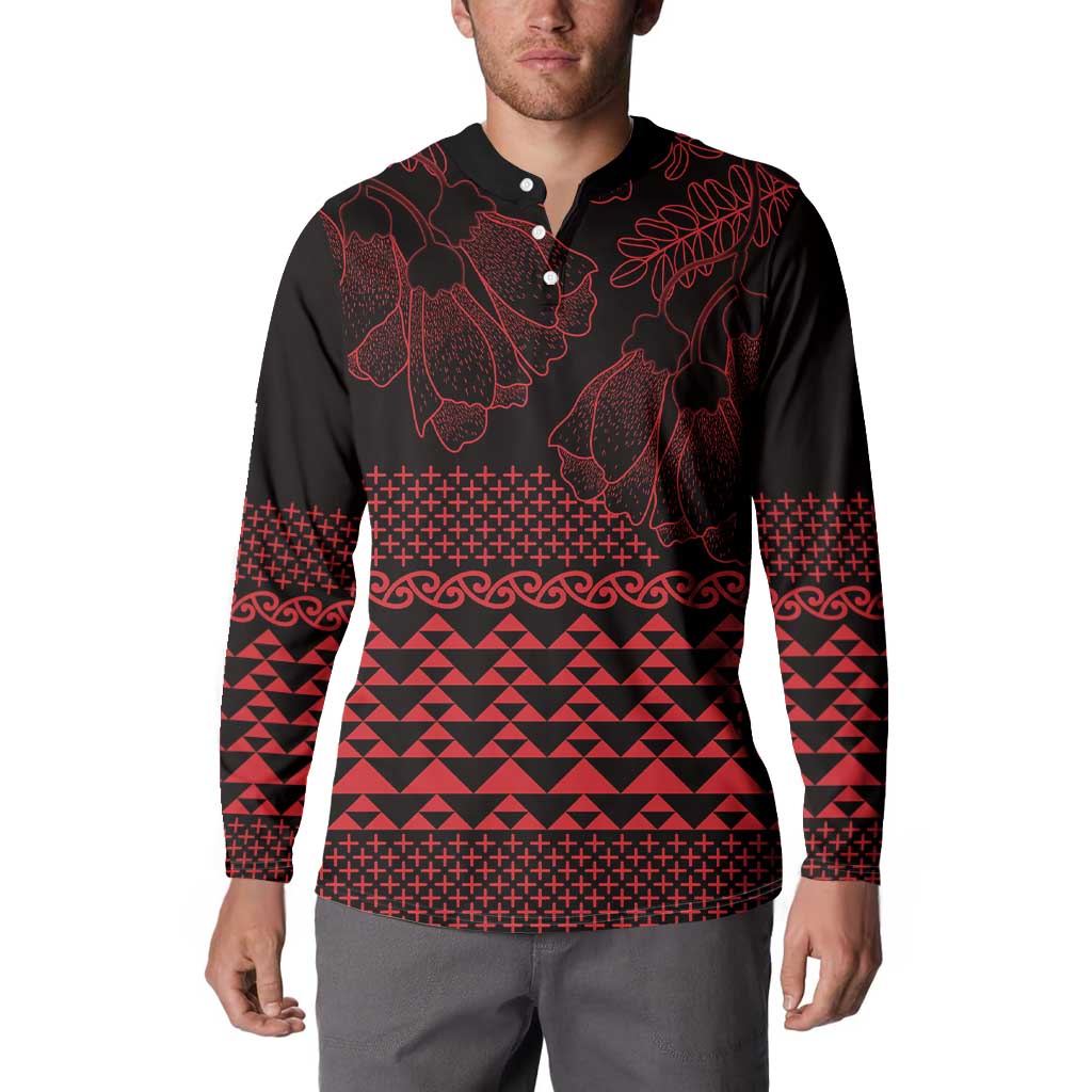 Red Taniko Kowhaiwhai Tukutuku Motif Button Sweatshirt