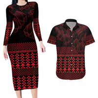 Red Taniko Kowhaiwhai Tukutuku Motif Couples Matching Long Sleeve Bodycon Dress and Hawaiian Shirt LT9 Red - Polynesian Pride