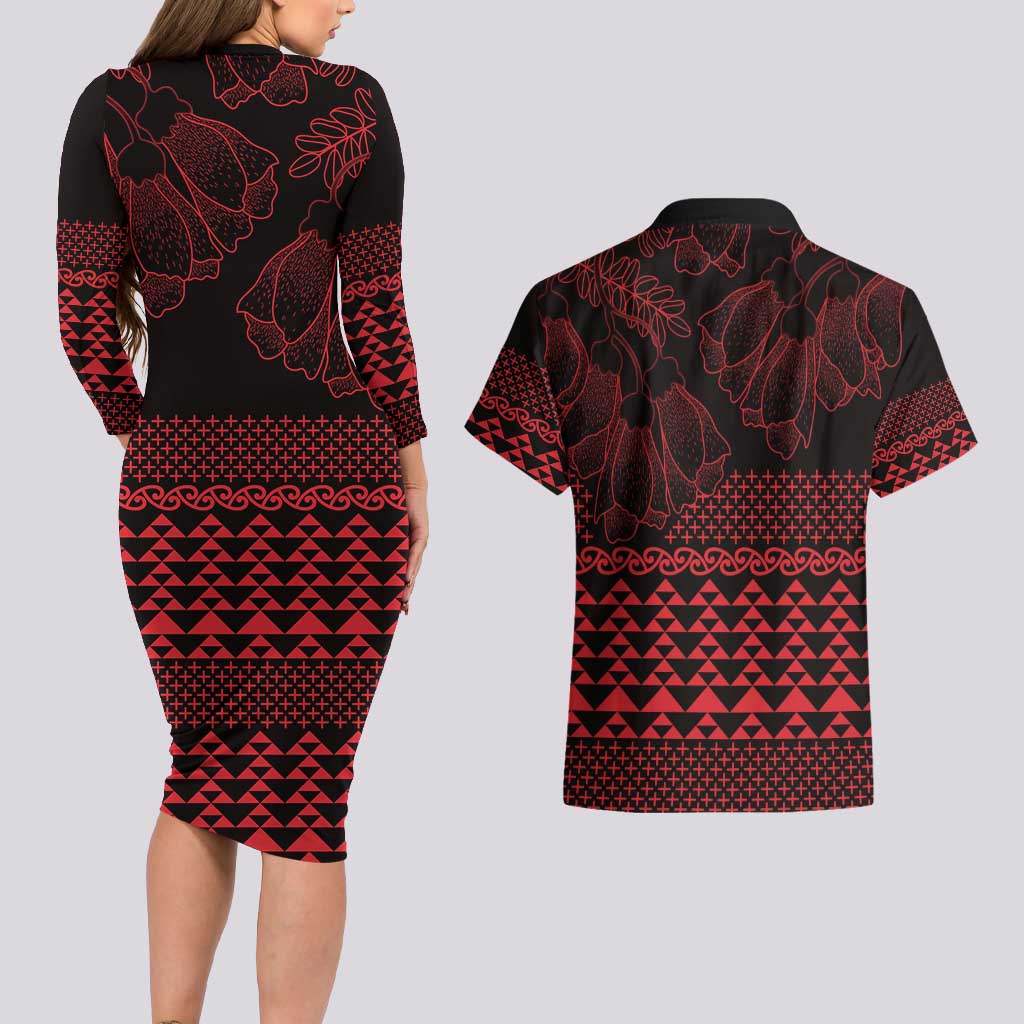 Red Taniko Kowhaiwhai Tukutuku Motif Couples Matching Long Sleeve Bodycon Dress and Hawaiian Shirt LT9 - Polynesian Pride