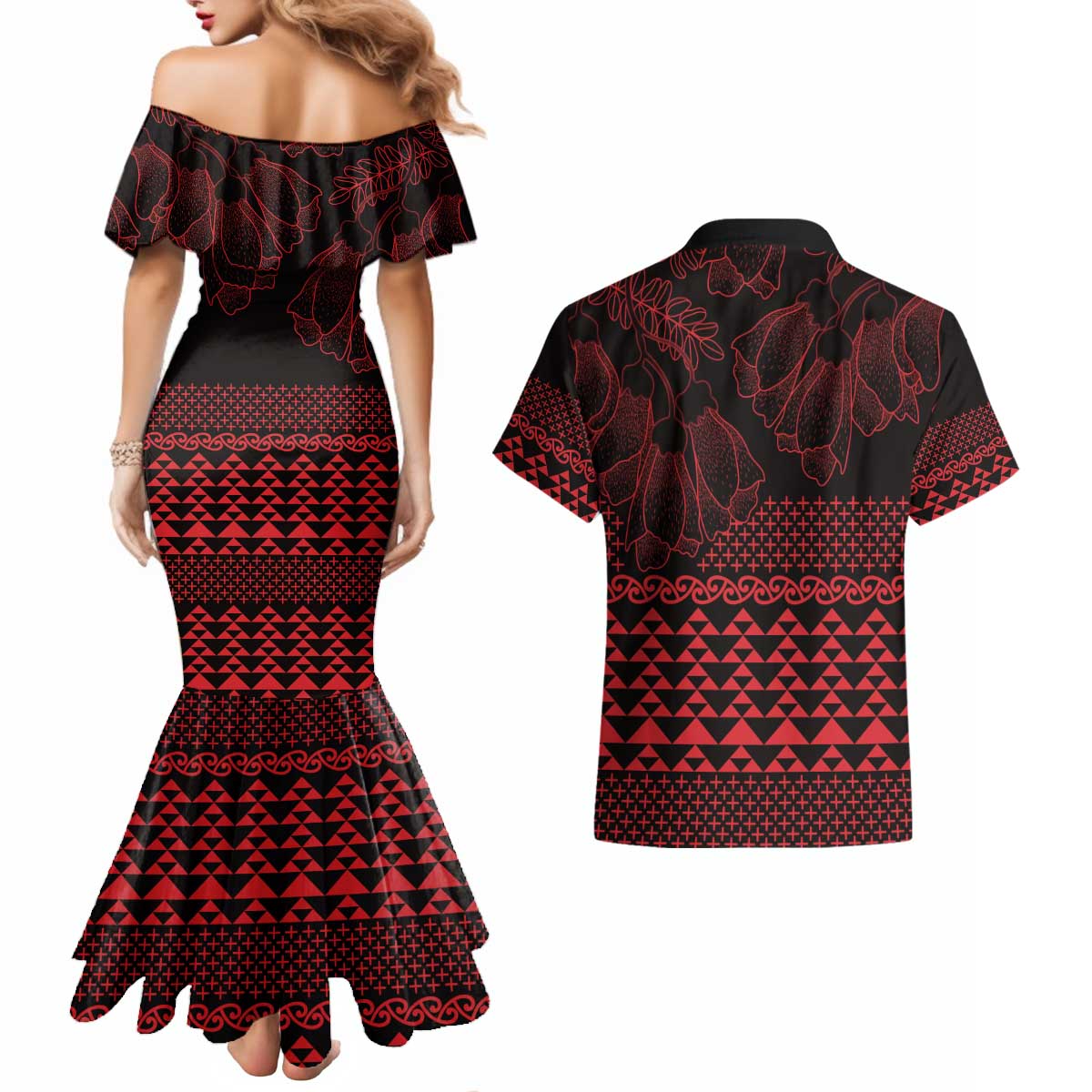 Red Taniko Kowhaiwhai Tukutuku Motif Couples Matching Mermaid Dress and Hawaiian Shirt LT9 - Polynesian Pride