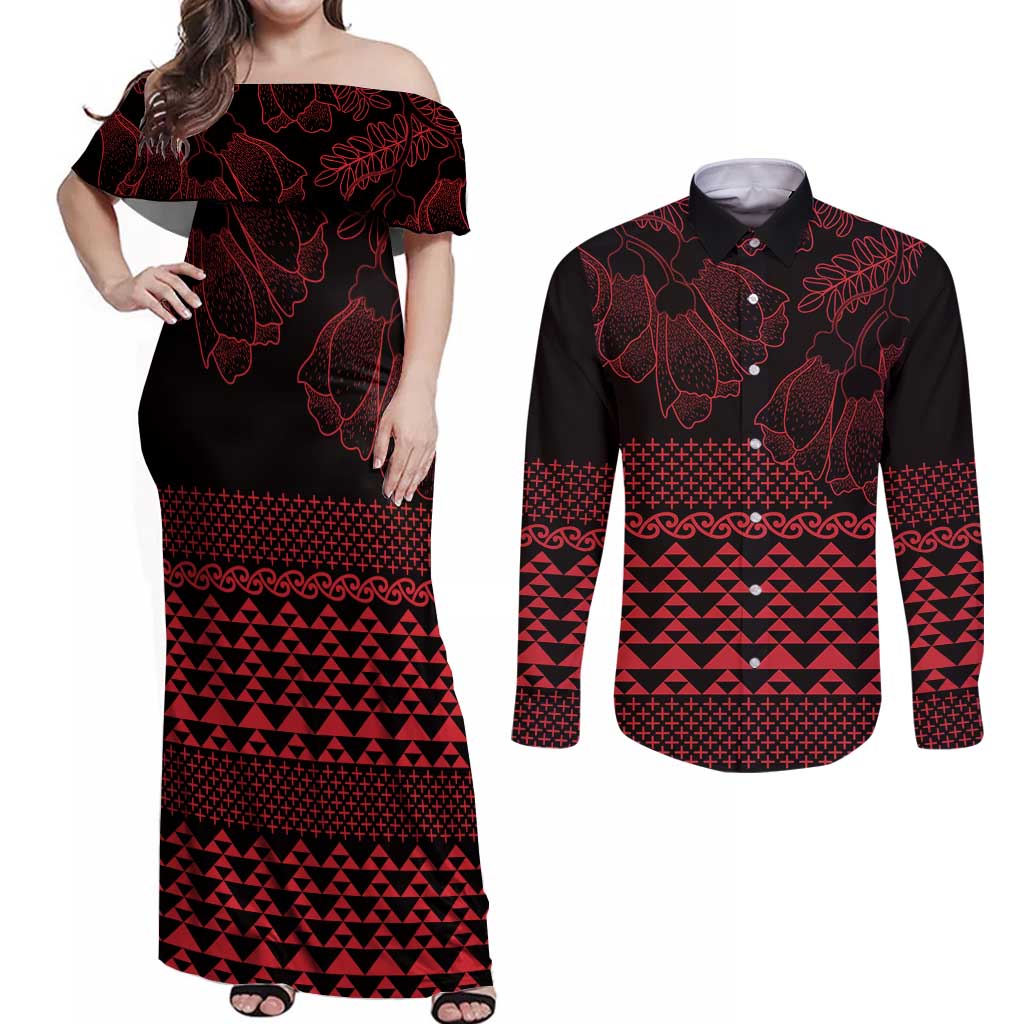 Red Taniko Kowhaiwhai Tukutuku Motif Couples Matching Off Shoulder Maxi Dress and Long Sleeve Button Shirt LT9 Red - Polynesian Pride