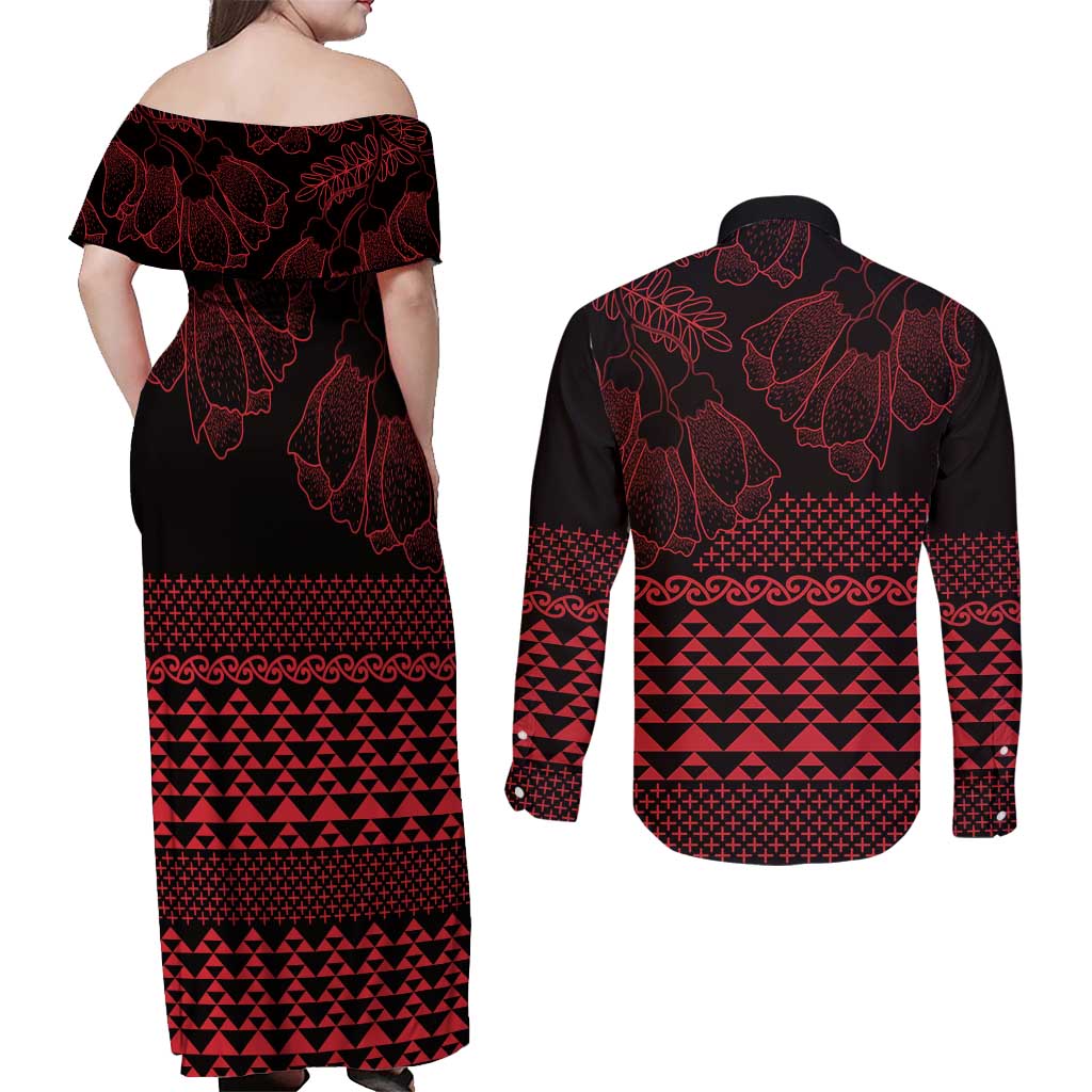 Red Taniko Kowhaiwhai Tukutuku Motif Couples Matching Off Shoulder Maxi Dress and Long Sleeve Button Shirt LT9 - Polynesian Pride