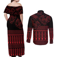 Red Taniko Kowhaiwhai Tukutuku Motif Couples Matching Off Shoulder Maxi Dress and Long Sleeve Button Shirt LT9 - Polynesian Pride
