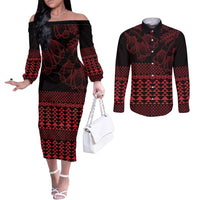 Red Taniko Kowhaiwhai Tukutuku Motif Couples Matching Off The Shoulder Long Sleeve Dress and Long Sleeve Button Shirt