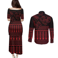 Red Taniko Kowhaiwhai Tukutuku Motif Couples Matching Puletasi and Long Sleeve Button Shirt