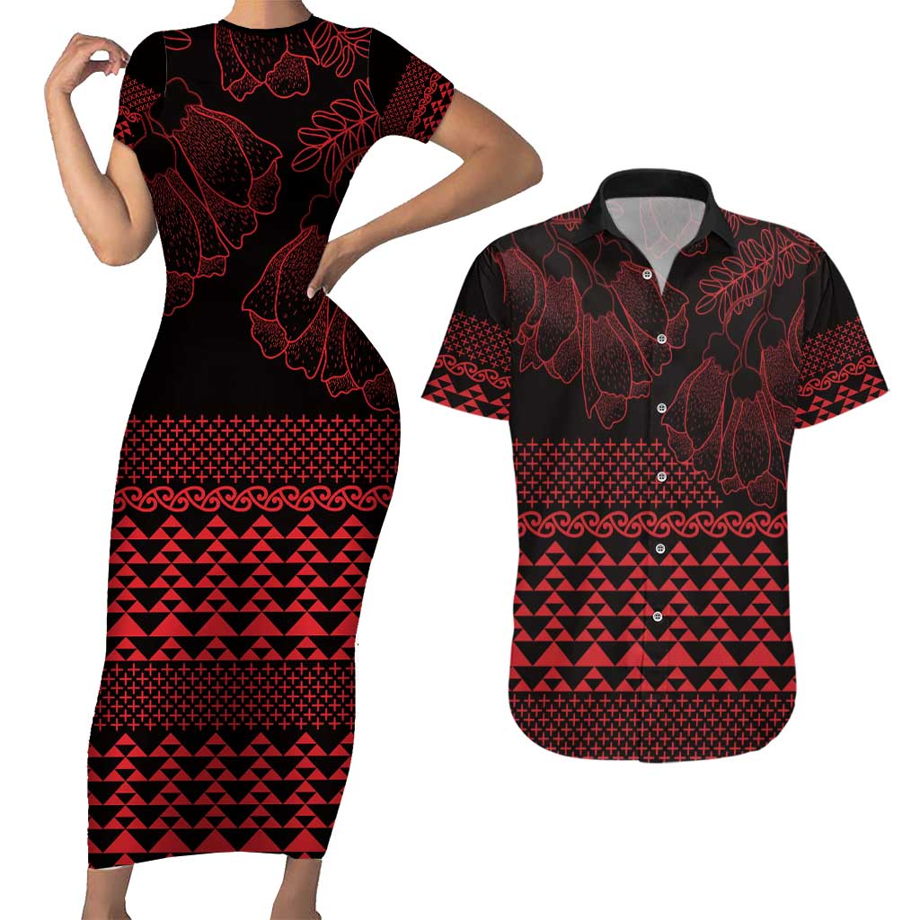 Red Taniko Kowhaiwhai Tukutuku Motif Couples Matching Short Sleeve Bodycon Dress and Hawaiian Shirt LT9 Red - Polynesian Pride