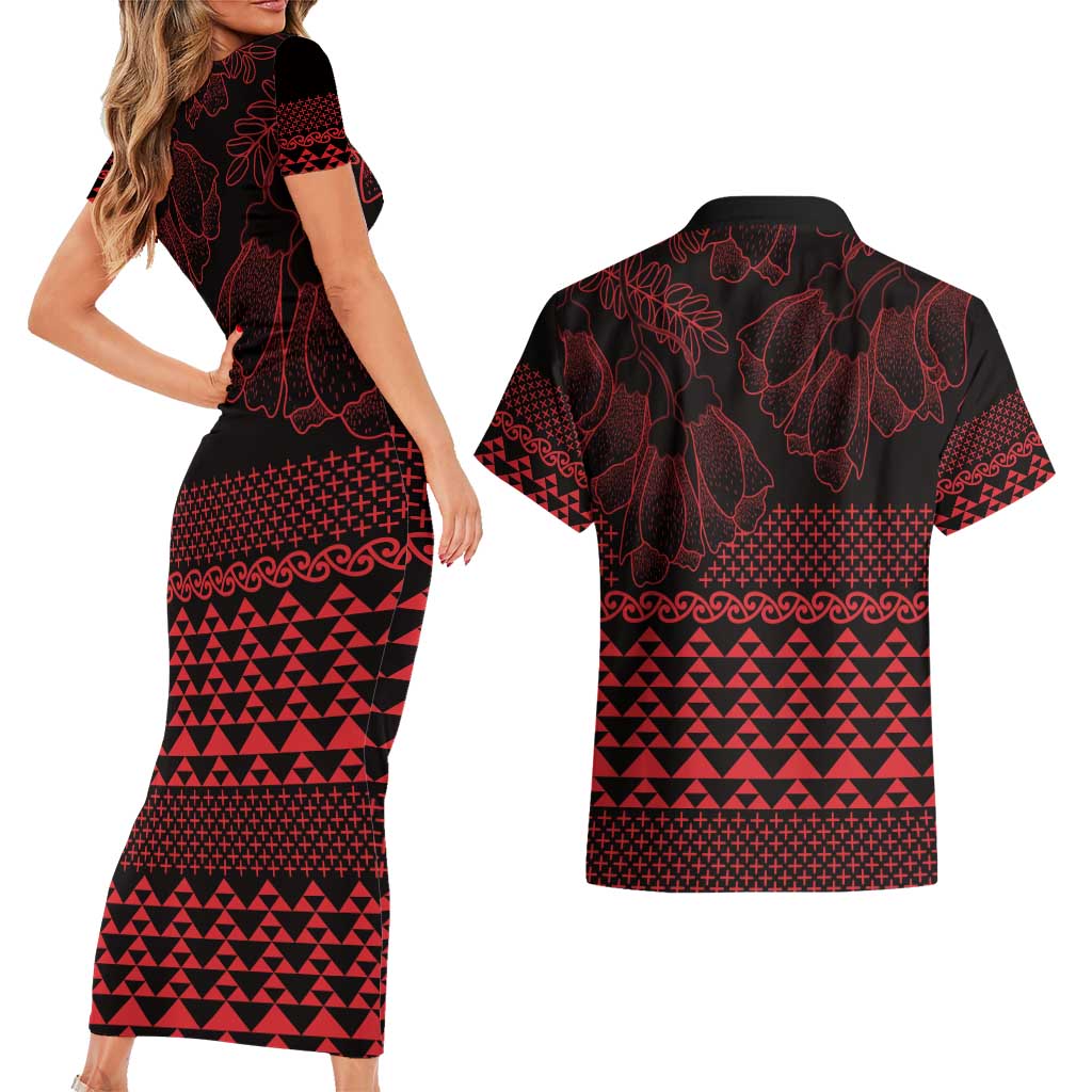 Red Taniko Kowhaiwhai Tukutuku Motif Couples Matching Short Sleeve Bodycon Dress and Hawaiian Shirt LT9 - Polynesian Pride