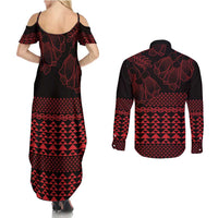 Red Taniko Kowhaiwhai Tukutuku Motif Couples Matching Summer Maxi Dress and Long Sleeve Button Shirt