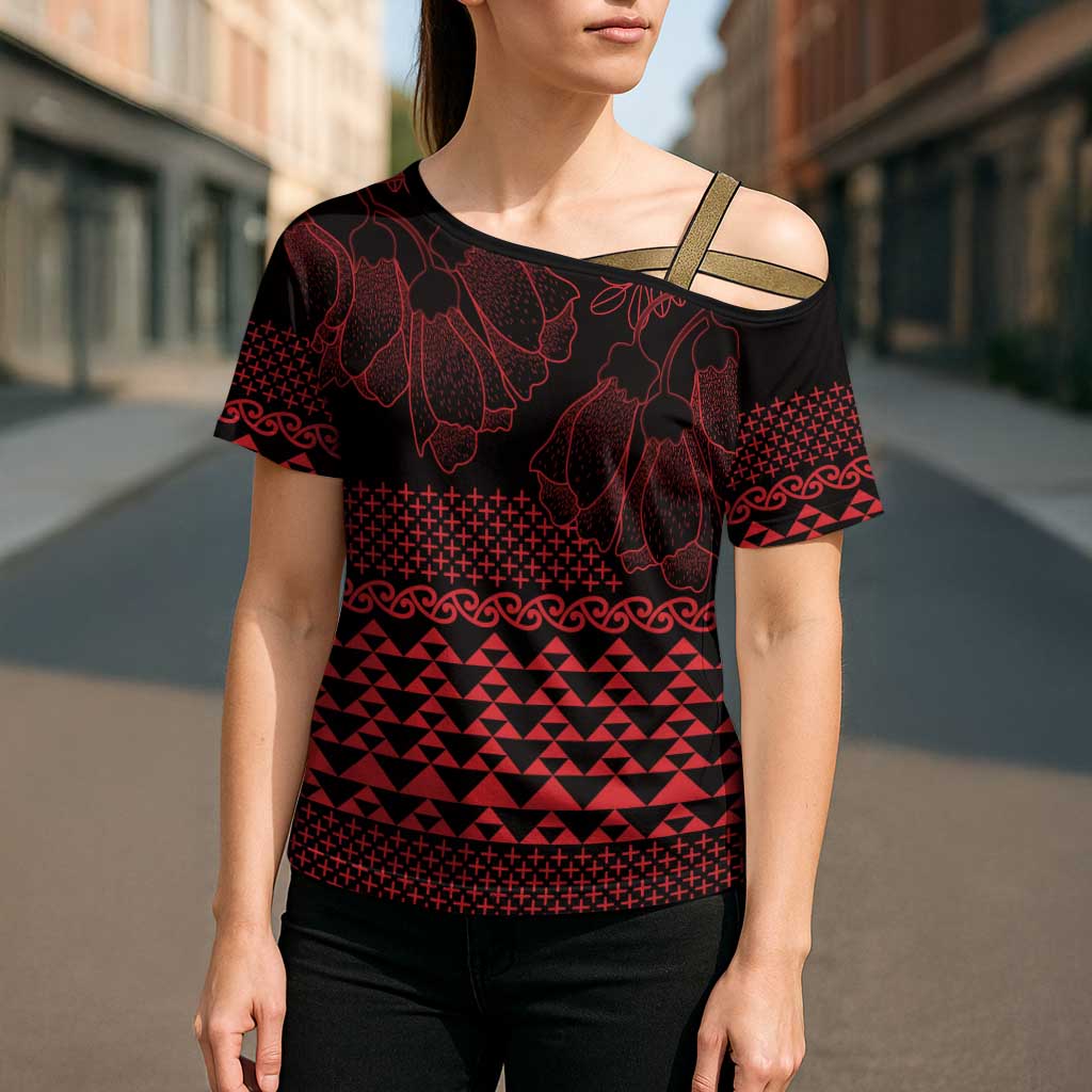 Red Taniko Kowhaiwhai Tukutuku Motif Cross Shoulder Shirt - Polynesian Pride