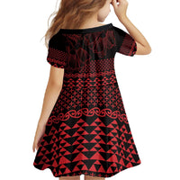 Red Taniko Kowhaiwhai Tukutuku Motif Family Matching Long Sleeve Bodycon Dress and Hawaiian Shirt LT9 - Polynesian Pride