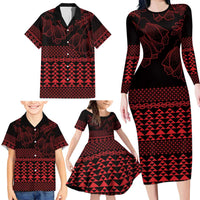Red Taniko Kowhaiwhai Tukutuku Motif Family Matching Long Sleeve Bodycon Dress and Hawaiian Shirt LT9 - Polynesian Pride
