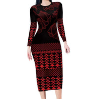 Red Taniko Kowhaiwhai Tukutuku Motif Family Matching Long Sleeve Bodycon Dress and Hawaiian Shirt LT9 Mom's Dress Red - Polynesian Pride