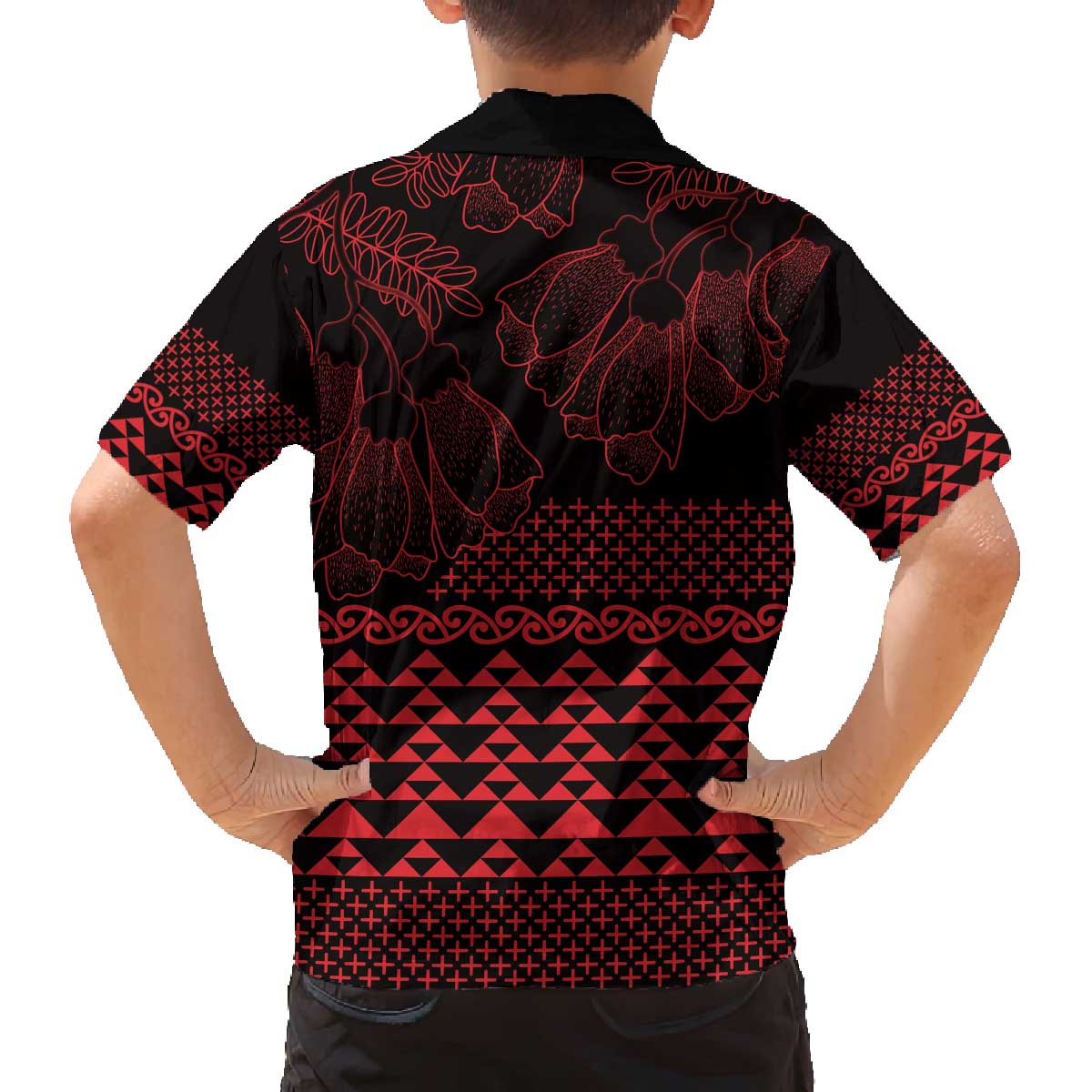 Red Taniko Kowhaiwhai Tukutuku Motif Family Matching Off The Shoulder Long Sleeve Dress and Hawaiian Shirt LT9 - Polynesian Pride