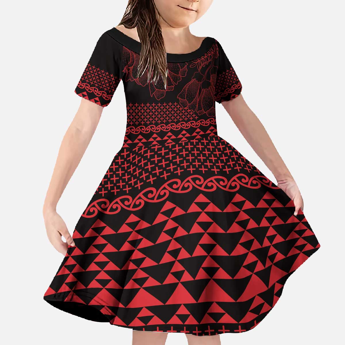 Red Taniko Kowhaiwhai Tukutuku Motif Family Matching Off The Shoulder Long Sleeve Dress and Hawaiian Shirt LT9 Daughter's Dress Red - Polynesian Pride