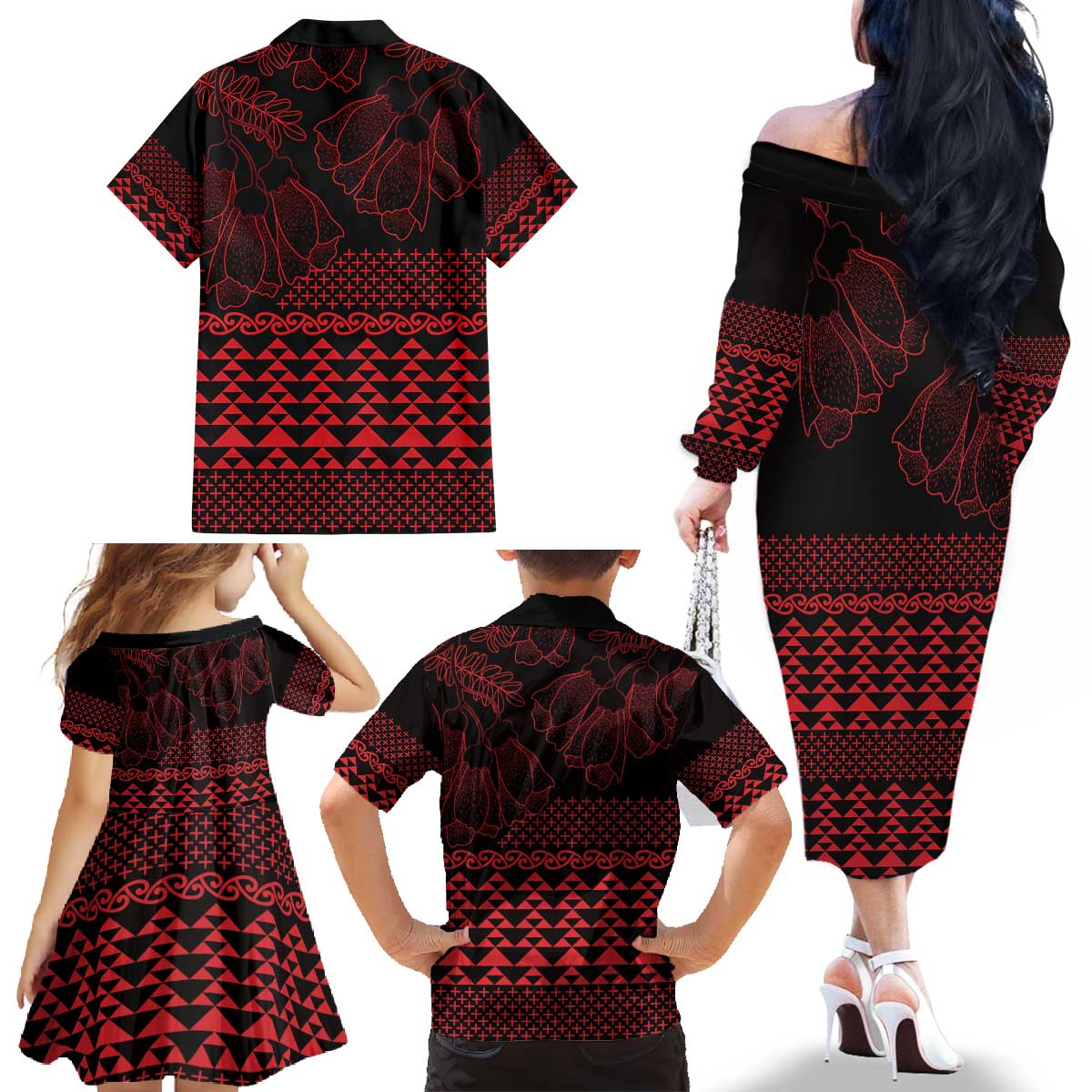 Red Taniko Kowhaiwhai Tukutuku Motif Family Matching Off The Shoulder Long Sleeve Dress and Hawaiian Shirt LT9 - Polynesian Pride