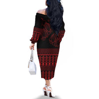 Red Taniko Kowhaiwhai Tukutuku Motif Family Matching Off The Shoulder Long Sleeve Dress and Hawaiian Shirt LT9 - Polynesian Pride