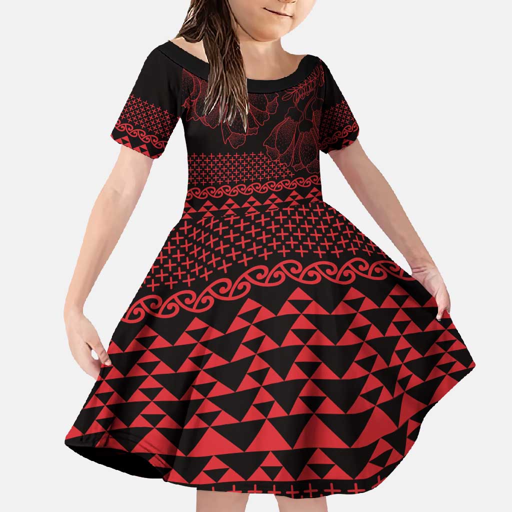 Red Taniko Kowhaiwhai Tukutuku Motif Family Matching Off Shoulder Maxi Dress and Hawaiian Shirt LT9 Daughter's Dress Red - Polynesian Pride