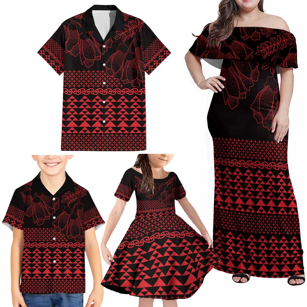 Red Taniko Kowhaiwhai Tukutuku Motif Family Matching Off Shoulder Maxi Dress and Hawaiian Shirt LT9 - Polynesian Pride