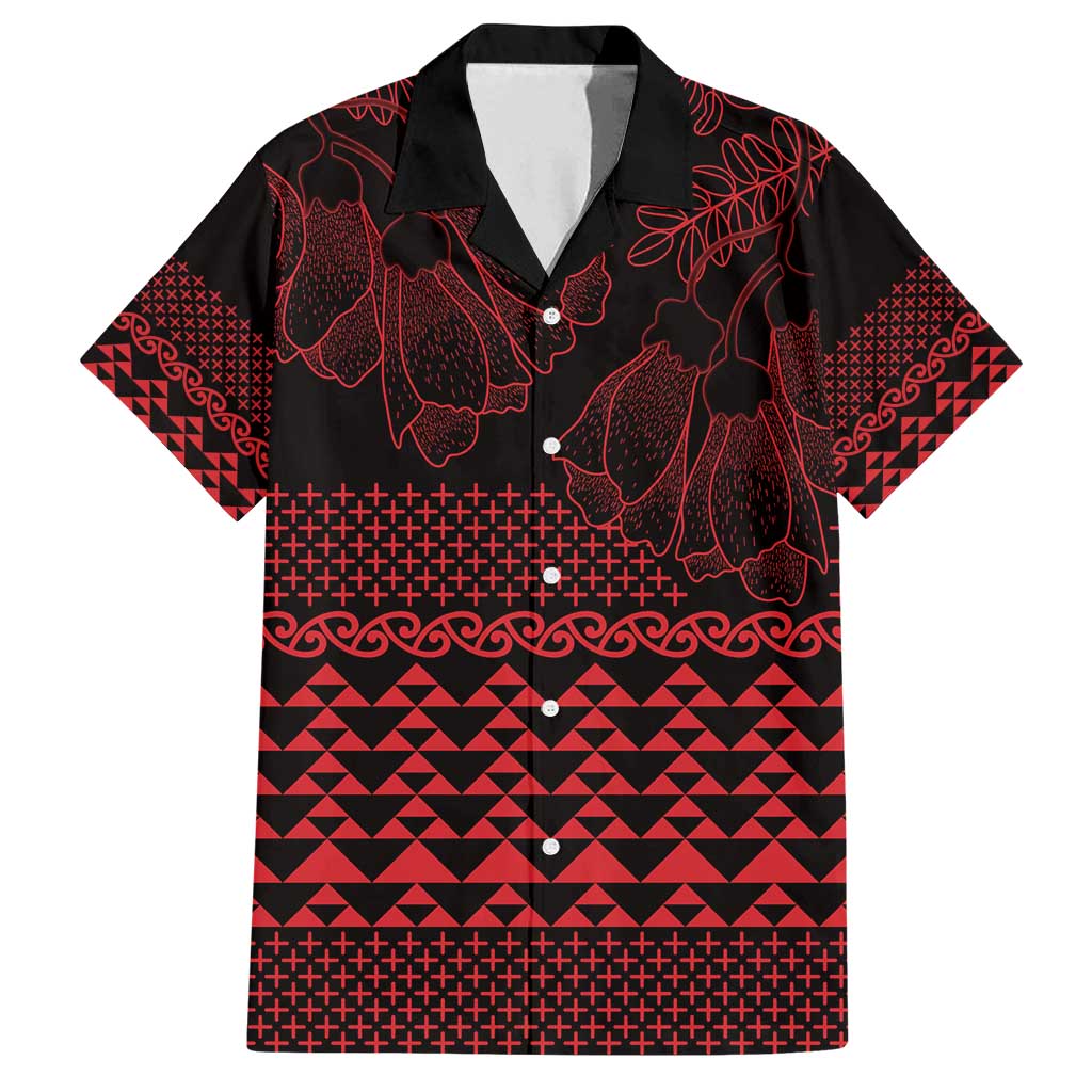 Red Taniko Kowhaiwhai Tukutuku Motif Family Matching Off Shoulder Maxi Dress and Hawaiian Shirt LT9 Dad's Shirt - Short Sleeve Red - Polynesian Pride