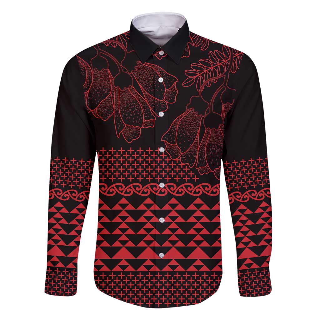 Red Taniko Kowhaiwhai Tukutuku Motif Family Matching Off Shoulder Maxi Dress and Hawaiian Shirt LT9 Dad's Shirt - Long Sleeve Red - Polynesian Pride