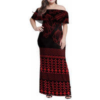 Red Taniko Kowhaiwhai Tukutuku Motif Family Matching Off Shoulder Maxi Dress and Hawaiian Shirt LT9 Mom's Dress Red - Polynesian Pride