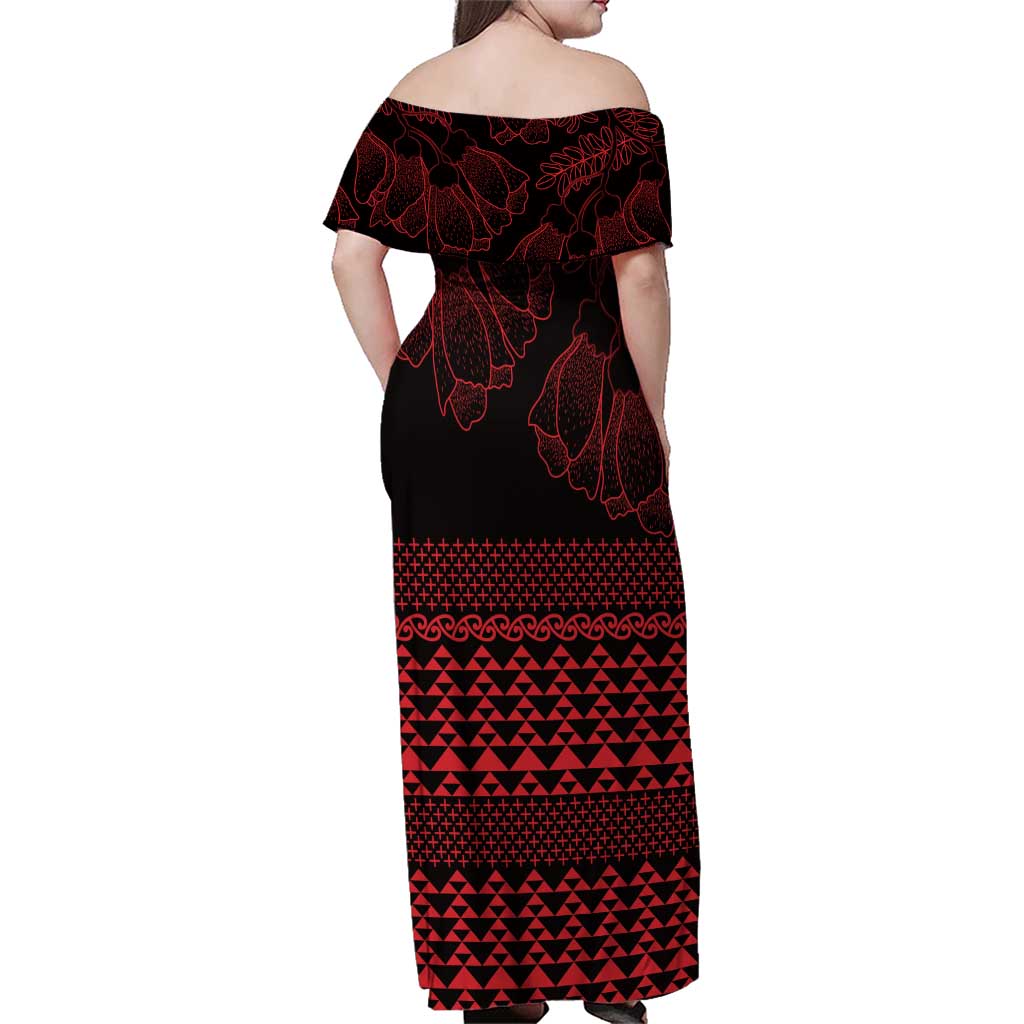 Red Taniko Kowhaiwhai Tukutuku Motif Family Matching Off Shoulder Maxi Dress and Hawaiian Shirt LT9 - Polynesian Pride