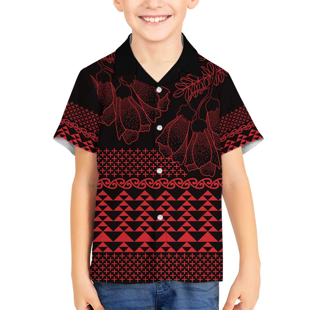 Red Taniko Kowhaiwhai Tukutuku Motif Family Matching Off Shoulder Maxi Dress and Hawaiian Shirt LT9 Son's Shirt Red - Polynesian Pride