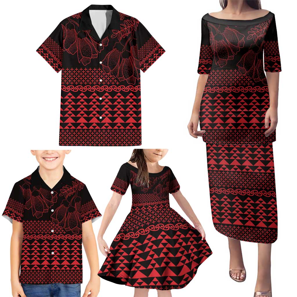 Red Taniko Kowhaiwhai Tukutuku Motif Family Matching Puletasi and Hawaiian Shirt LT9 - Polynesian Pride