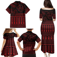 Red Taniko Kowhaiwhai Tukutuku Motif Family Matching Puletasi and Hawaiian Shirt LT9 - Polynesian Pride