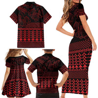 Red Taniko Kowhaiwhai Tukutuku Motif Family Matching Short Sleeve Bodycon Dress and Hawaiian Shirt LT9 - Polynesian Pride