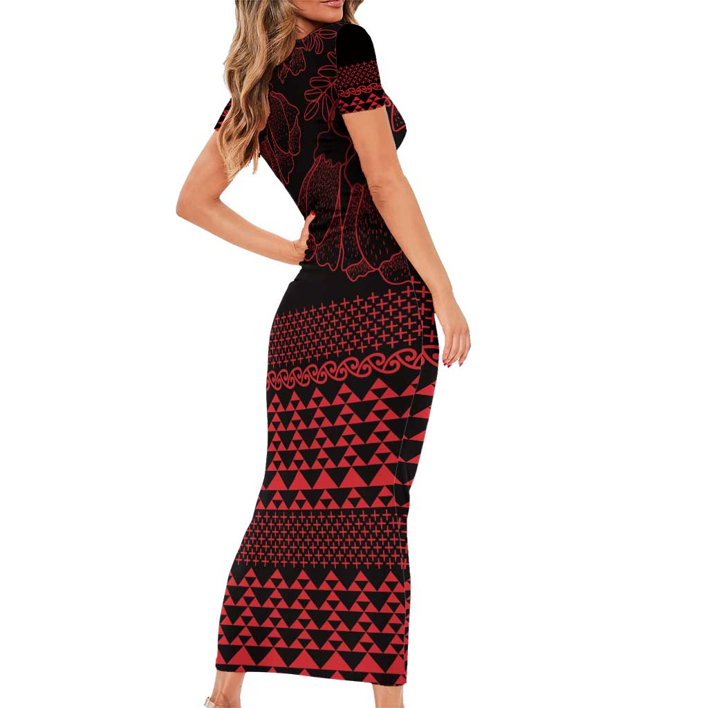 Red Taniko Kowhaiwhai Tukutuku Motif Family Matching Short Sleeve Bodycon Dress and Hawaiian Shirt LT9 - Polynesian Pride