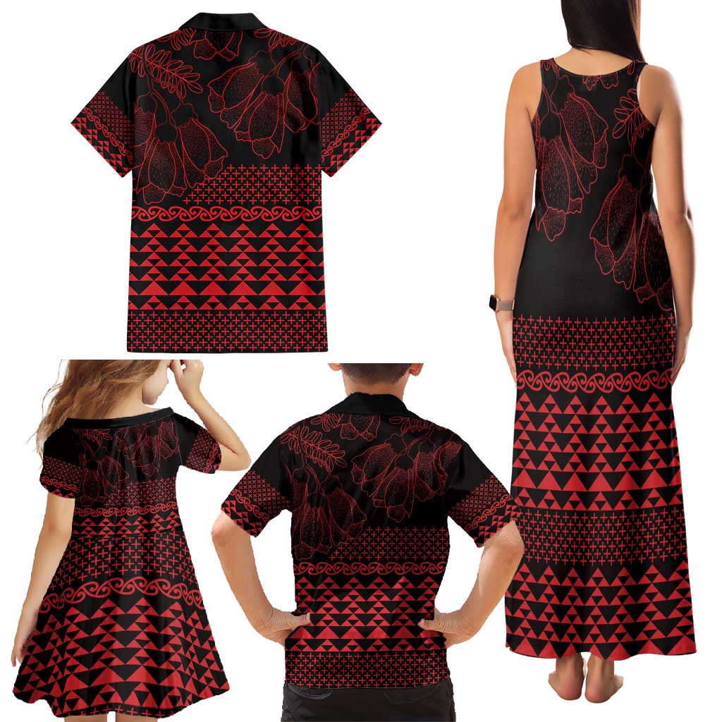 Red Taniko Kowhaiwhai Tukutuku Motif Family Matching Tank Maxi Dress and Hawaiian Shirt LT9 - Polynesian Pride