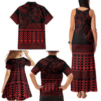 Red Taniko Kowhaiwhai Tukutuku Motif Family Matching Tank Maxi Dress and Hawaiian Shirt LT9 - Polynesian Pride