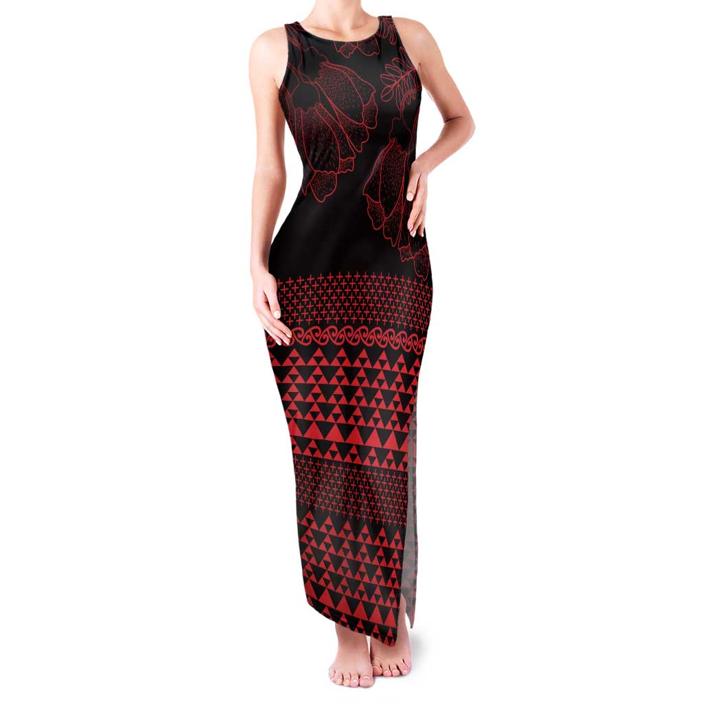 Red Taniko Kowhaiwhai Tukutuku Motif Family Matching Tank Maxi Dress and Hawaiian Shirt LT9 Mom's Dress Red - Polynesian Pride