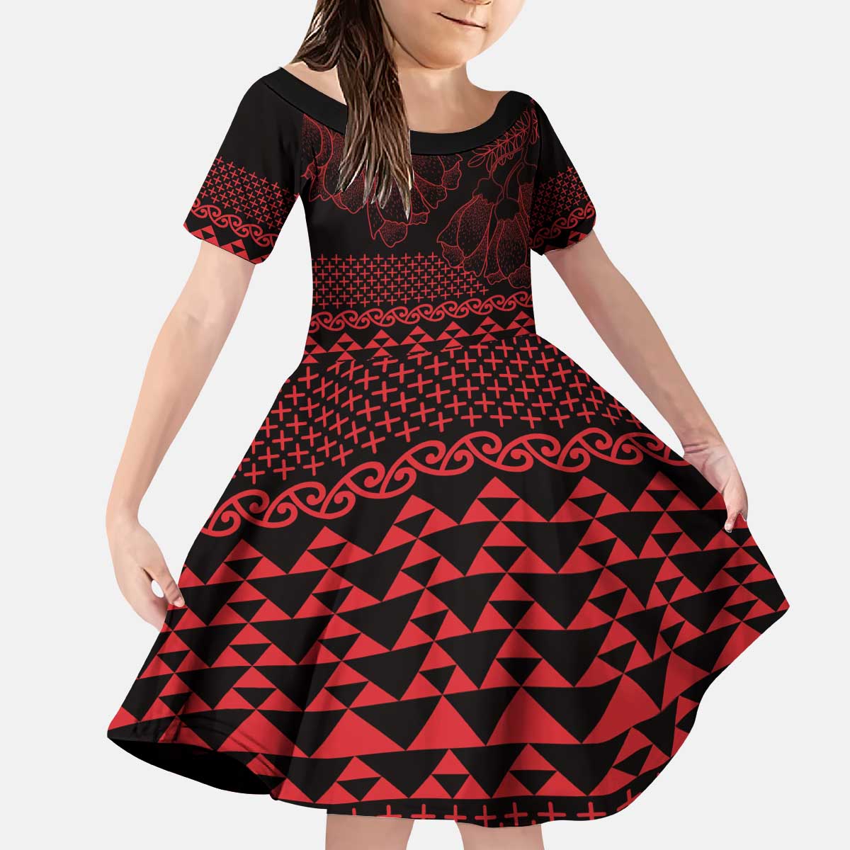 Red Taniko Kowhaiwhai Tukutuku Motif Kid Short Sleeve Dress