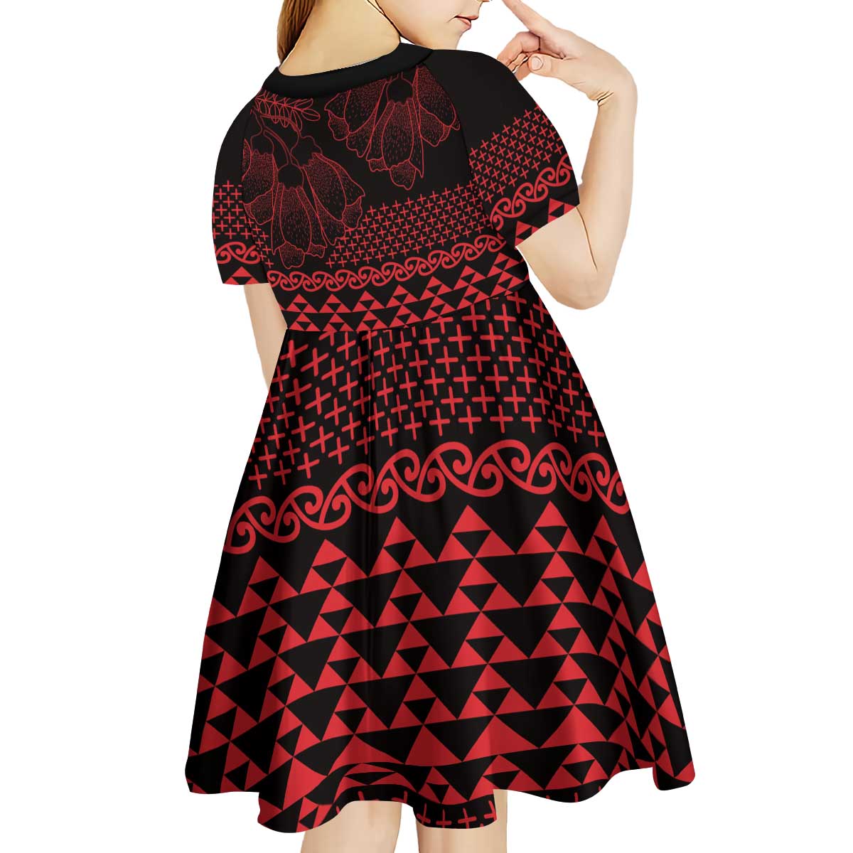 Red Taniko Kowhaiwhai Tukutuku Motif Kid Short Sleeve Dress