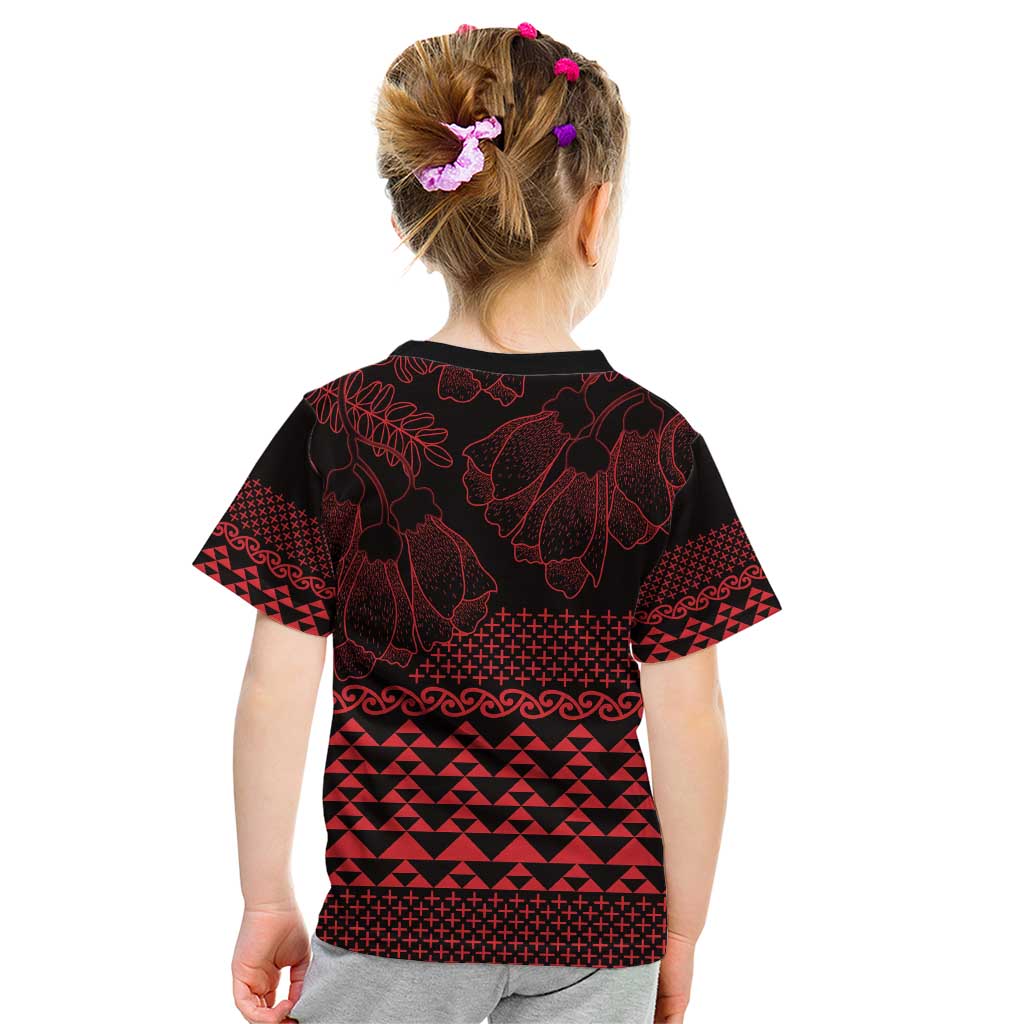 Red Taniko Kowhaiwhai Tukutuku Motif Kid T Shirt