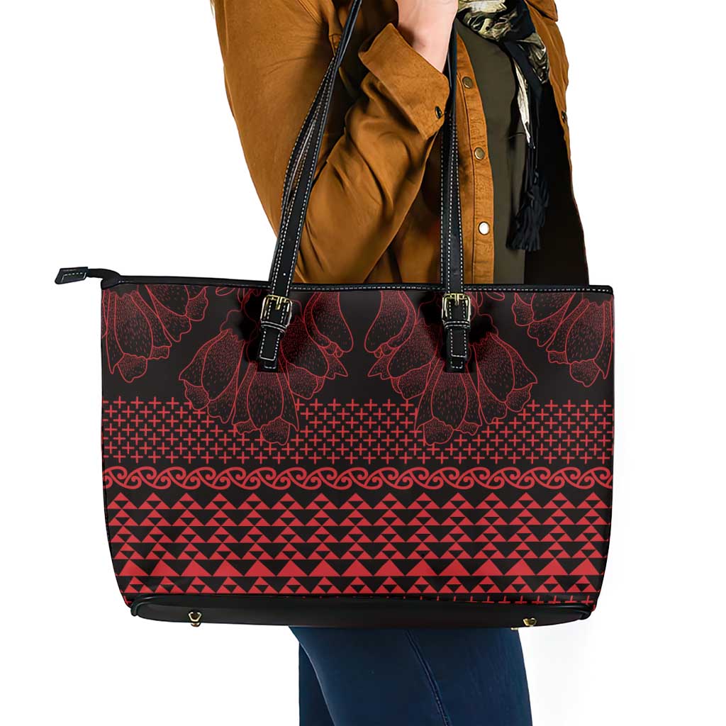 Red Taniko Kowhaiwhai Tukutuku Motif Leather Tote Bag LT9 - Polynesian Pride