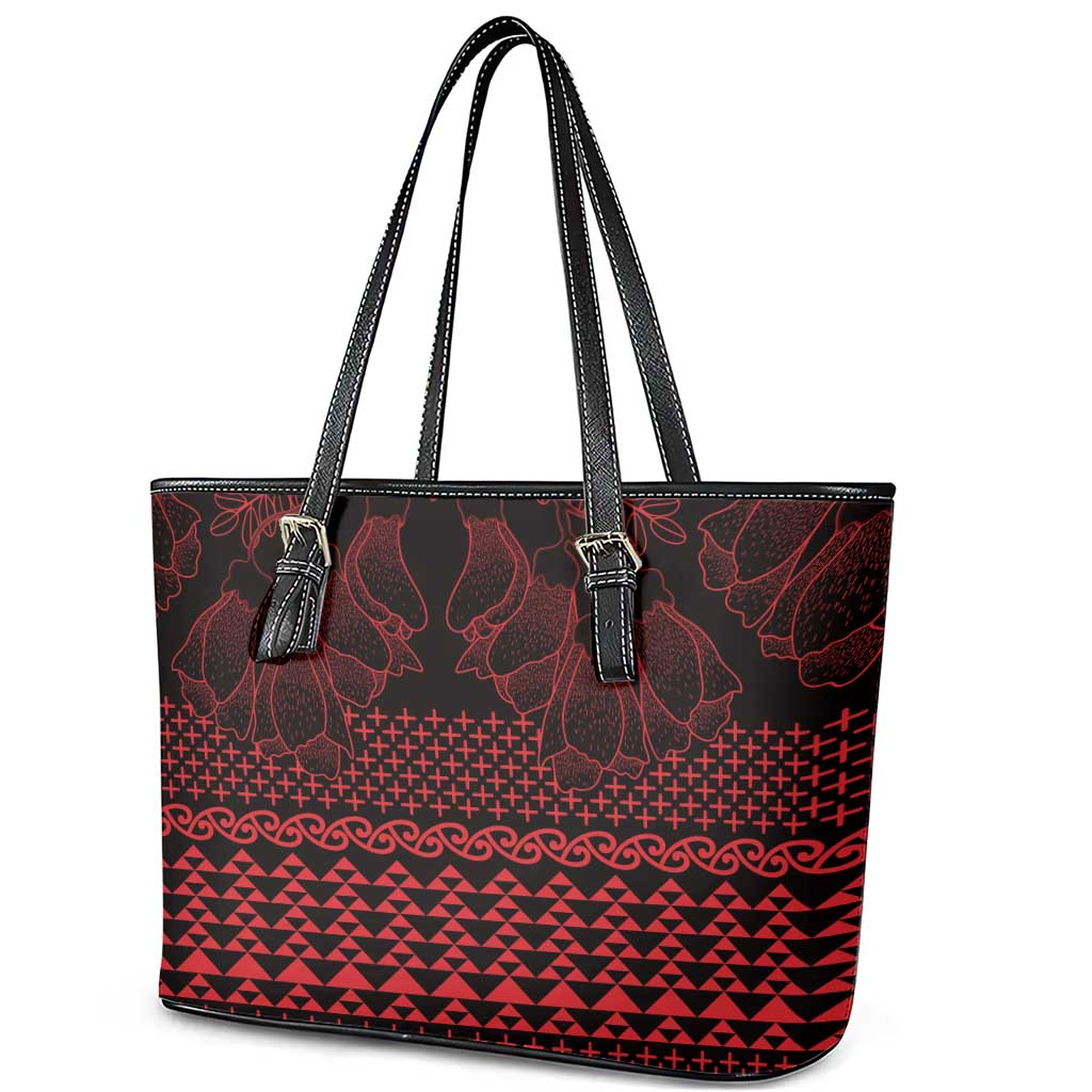 Red Taniko Kowhaiwhai Tukutuku Motif Leather Tote Bag LT9 - Polynesian Pride